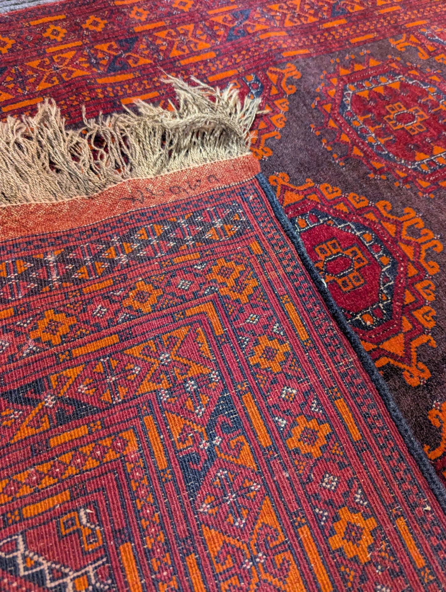 Vintage Bashir Turkmen Rug – 4x6 ft – Deep Red & Orange Tribal Motifs (Sn:3627)