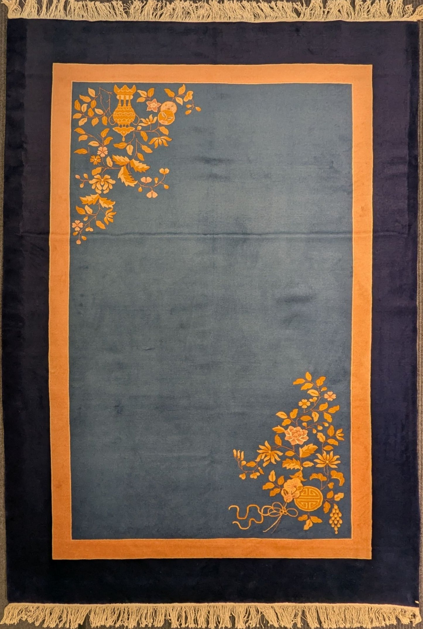 Vintage Beijing Art Deco Carpet – 6x9 Feet | Blue & Gold Floral Hand-Knotted Rug(SN:5985)
