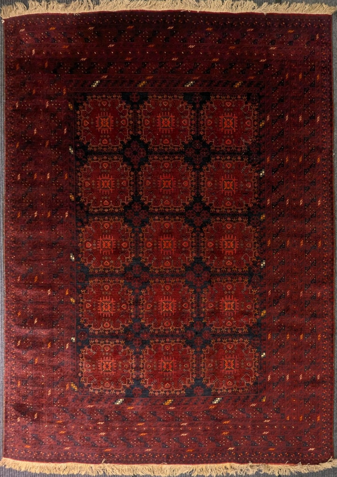Vintage Turkmen Bokhara Rug – 7x10 ft – Deep Red Tribal Guls(sn:6044)