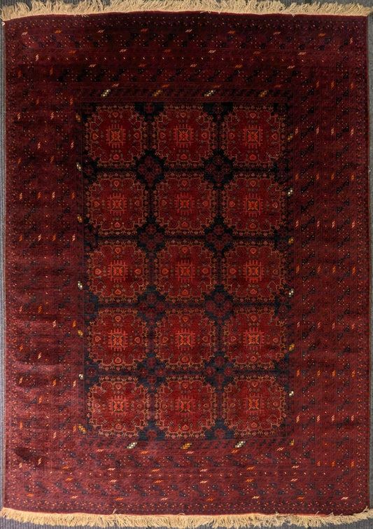Vintage Turkmen Bokhara Rug – 7x10 ft – Deep Red Tribal Guls(sn:6044)