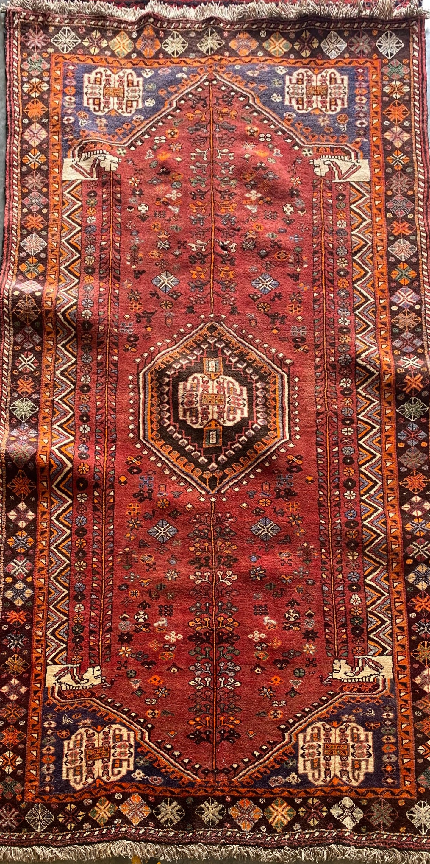 Handmade Vintage Rust Qashqai Rug – 5x8 ft | Tribal Persian Wool Carpet (Sn:2465)