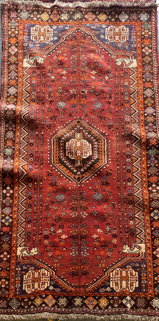 Handmade Vintage Rust Qashqai Rug – 5x8 ft | Tribal Persian Wool Carpet (Sn:2465)