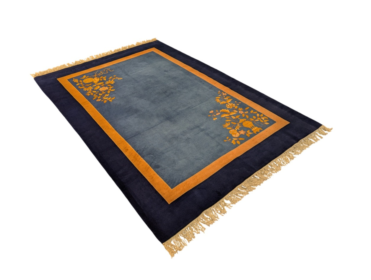 Vintage Beijing Art Deco Carpet – 6x9 Feet | Blue & Gold Floral Hand-Knotted Rug(SN:5985)