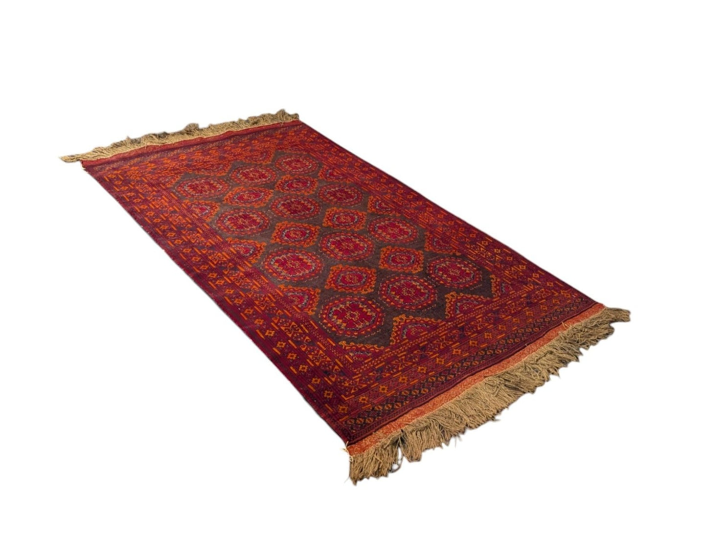 Vintage Bashir Turkmen Rug – 4x6 ft – Deep Red & Orange Tribal Motifs (Sn:3627)