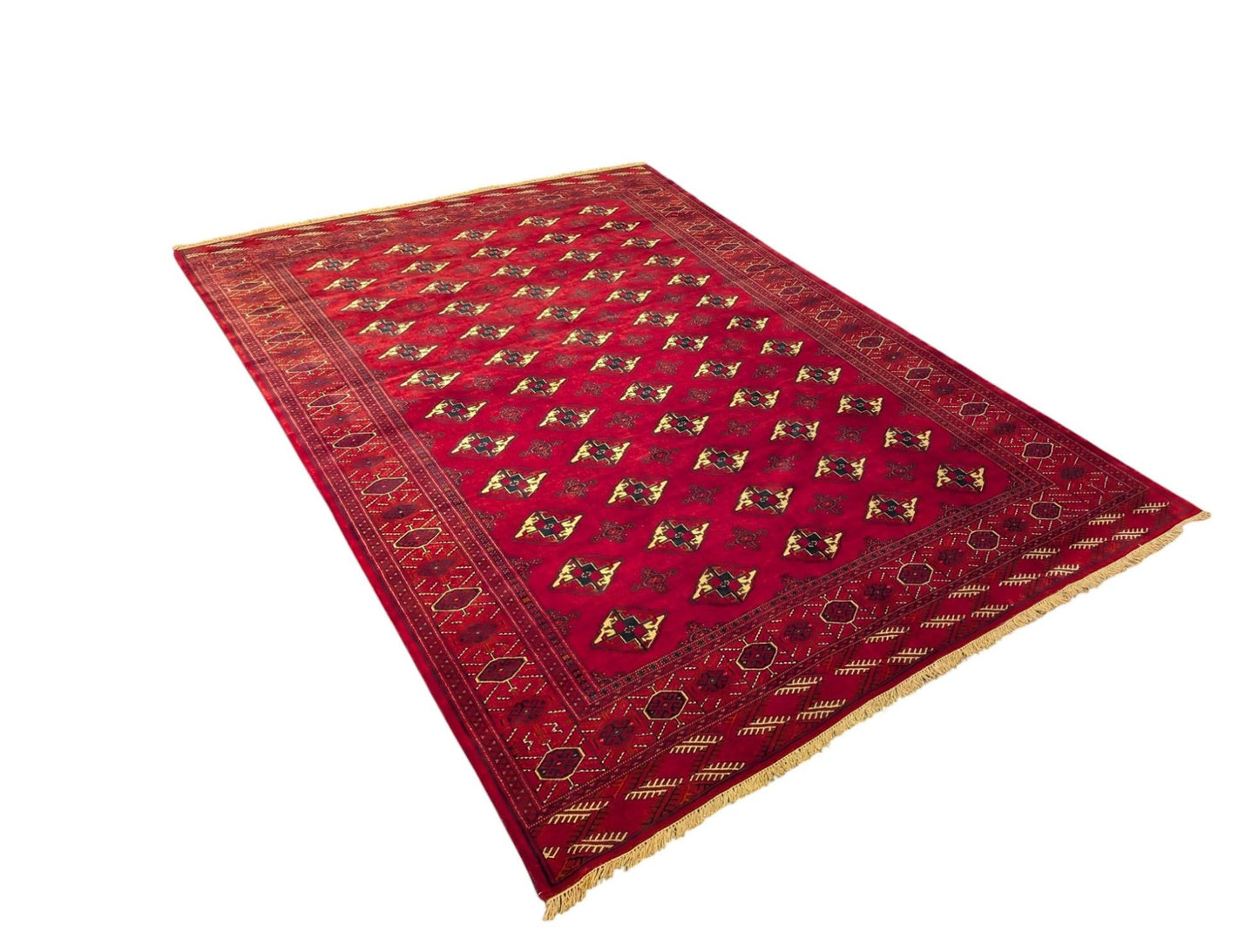 Vintage Turkmen Sara Rug – 7.5x10 ft – Deep Red Tribal Motifs(Sn:7228)