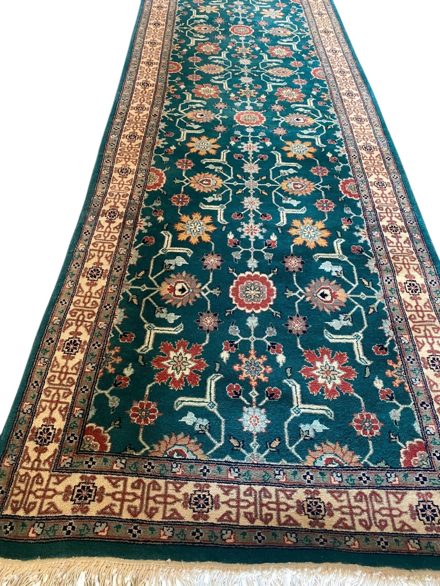 Kashan Runner – 2.6x15 Feet – Hand-Knotted Wool with Green Floral Field and Kufic Border (Sn:8262)
