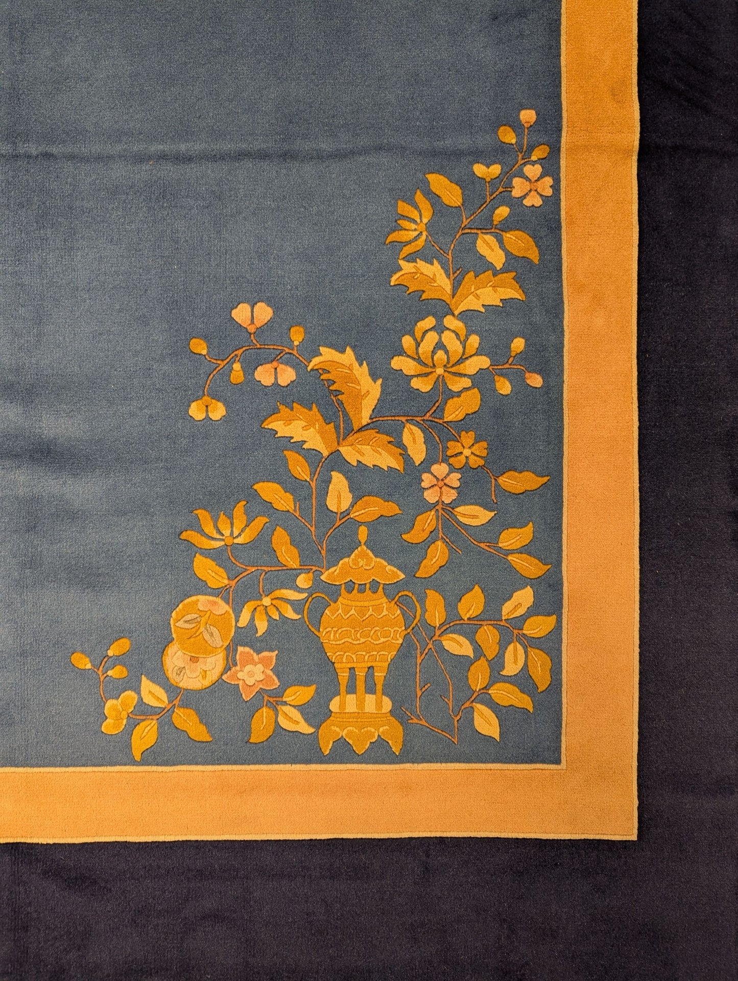 Vintage Beijing Art Deco Carpet – 6x9 Feet | Blue & Gold Floral Hand-Knotted Rug(SN:5985)