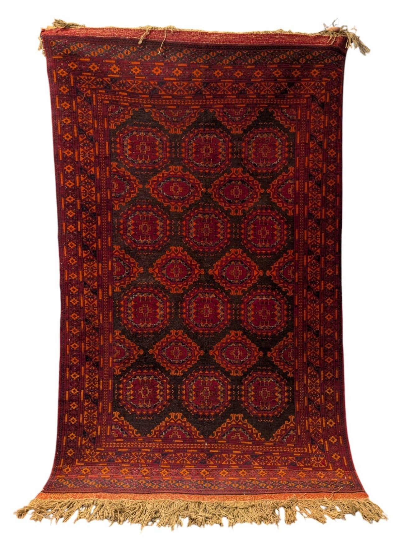 Vintage Bashir Turkmen Rug – 4x6 ft – Deep Red & Orange Tribal Motifs (Sn:3627)