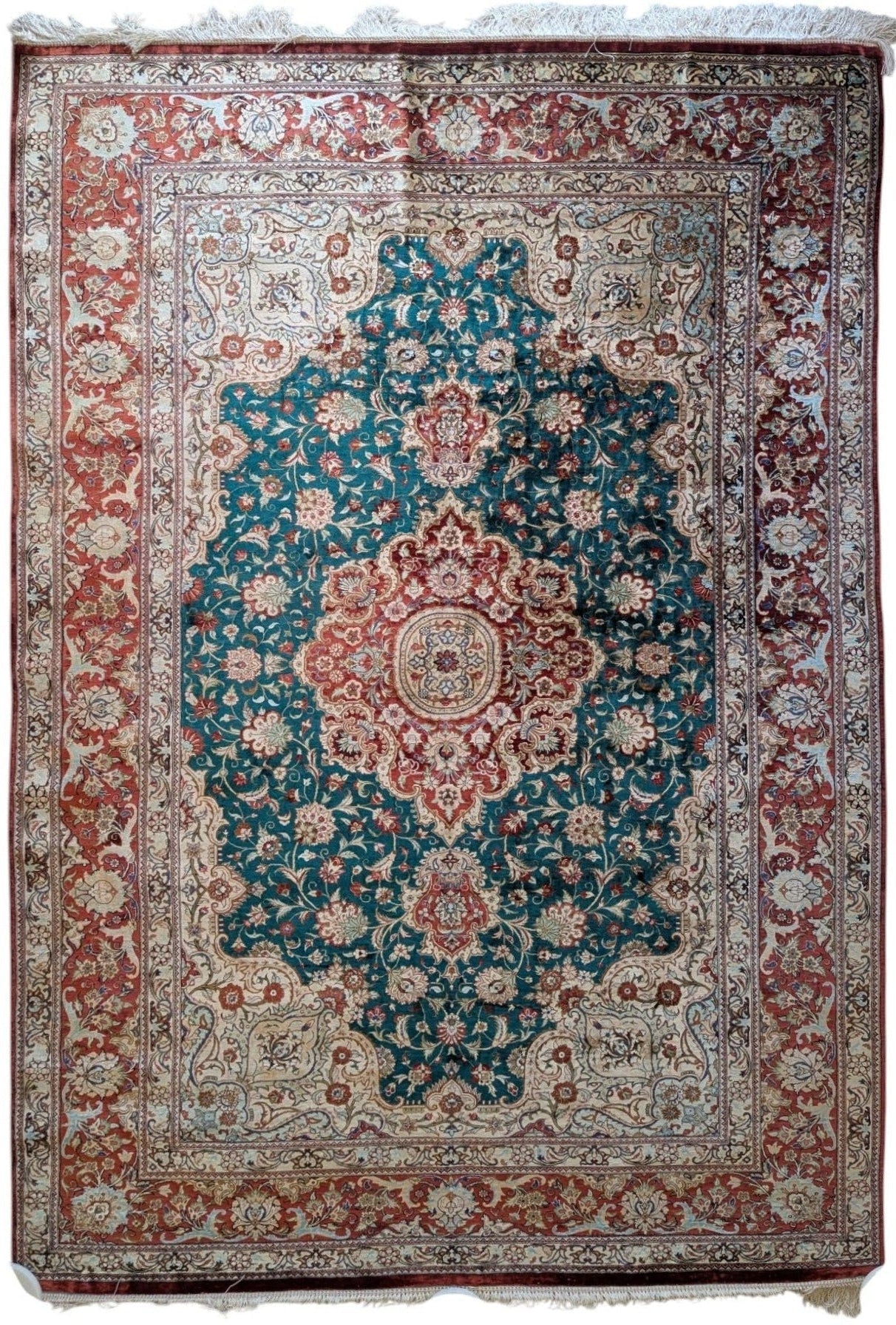 Vintage Green Qom Handmade Persian Rug – 4.5 x 7 Feet | Silk-Wool Blend(Sn:8296)