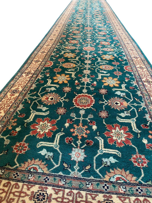 Kashan Runner – 2.6x15 Feet – Hand-Knotted Wool with Green Floral Field and Kufic Border (Sn:8262)