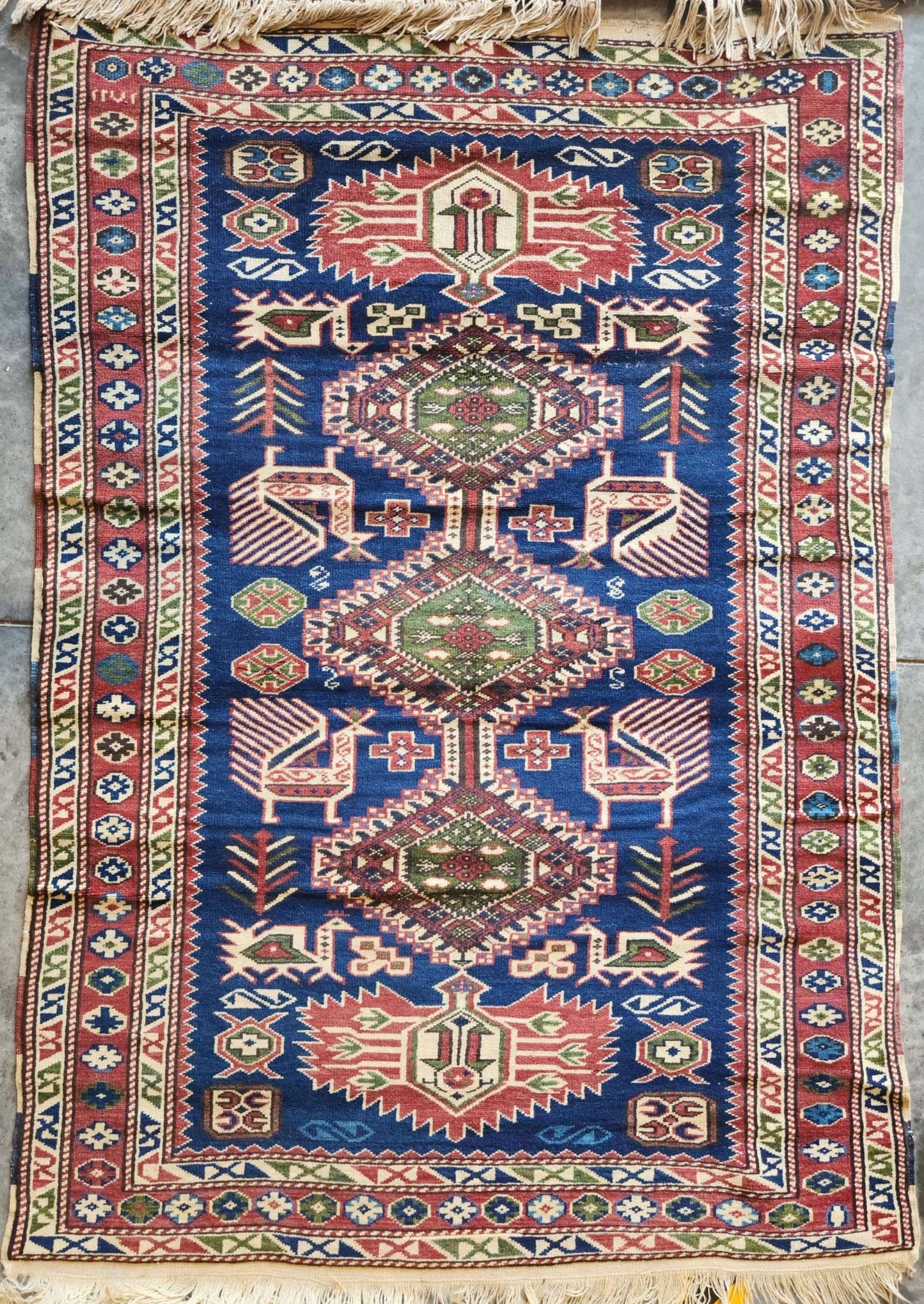 Handmade Caucasian Kazak Rug – 3 x 5 Feet | Tribal Blue Geometric Design(SN:4846)