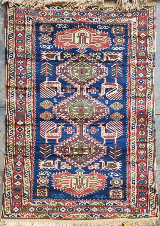 Handmade Caucasian Kazak Rug – 3 x 5 Feet | Tribal Blue Geometric Design(SN:4846)