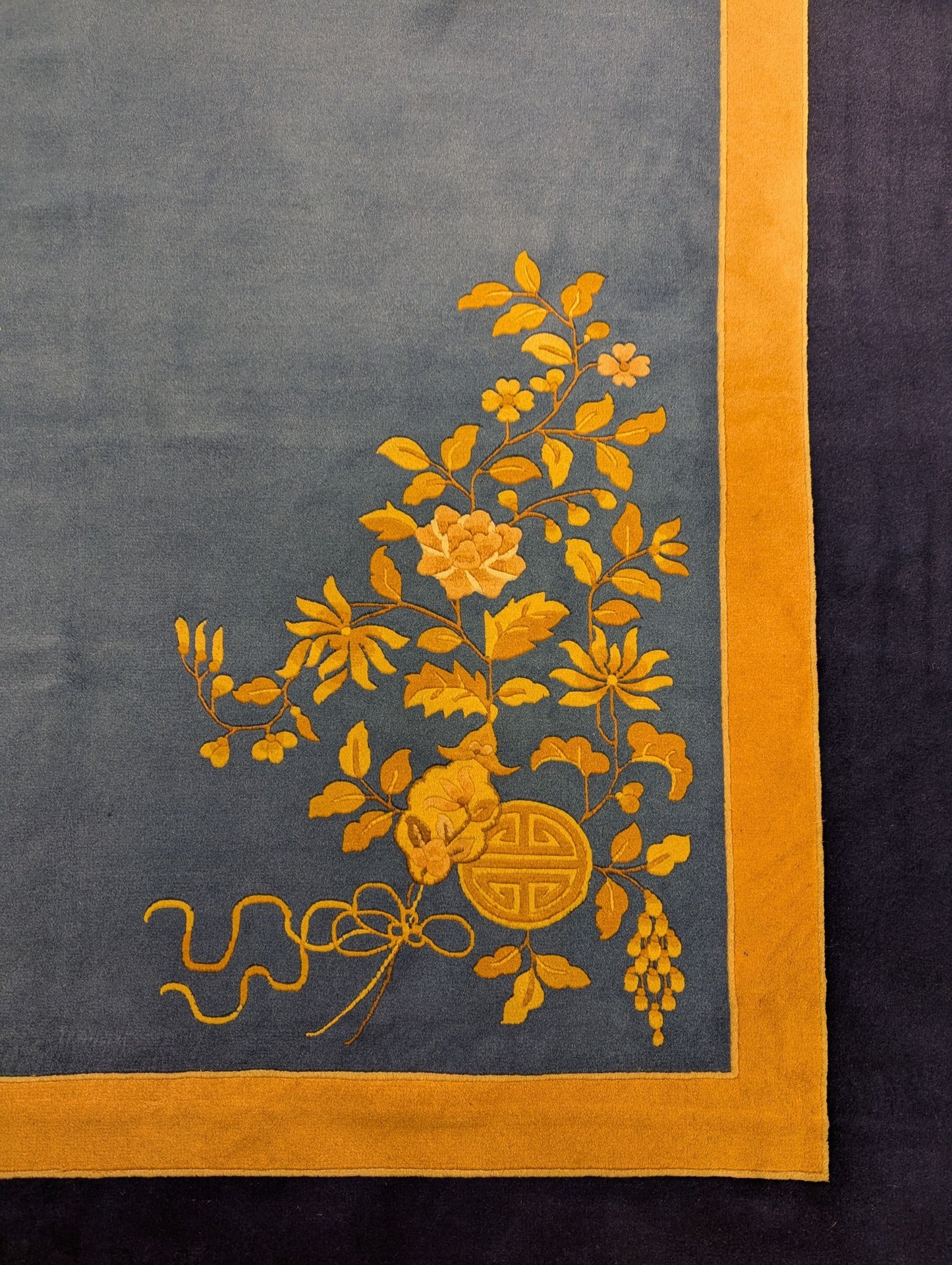Vintage Beijing Art Deco Carpet – 6x9 Feet | Blue & Gold Floral Hand-Knotted Rug(SN:5985)