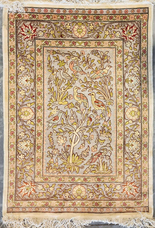 Gold Hereke Handmade Vintage Carpet – 2x3 Feet – Fine Silk/Wool Weave (SN:5004)