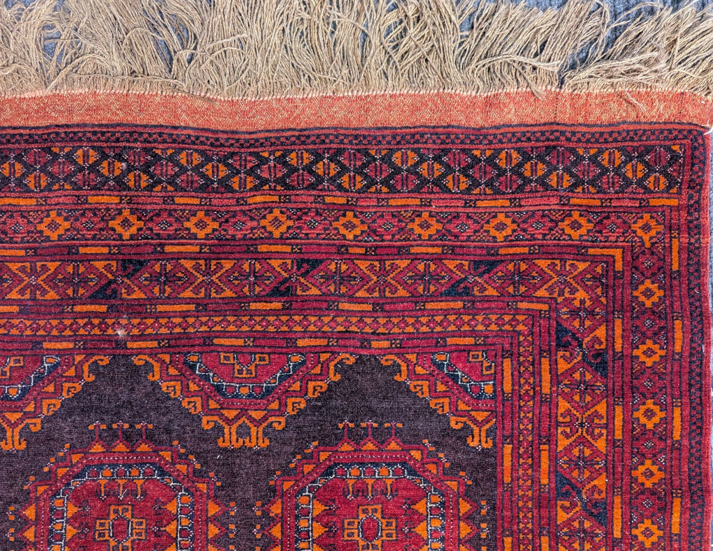 Vintage Bashir Turkmen Rug – 4x6 ft – Deep Red & Orange Tribal Motifs (Sn:3627)