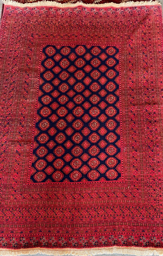 Vintage Hand-Knotted Beshir Rug – 7x10 ft | Tribal Red Turkmen Carpet (SN: 7680)