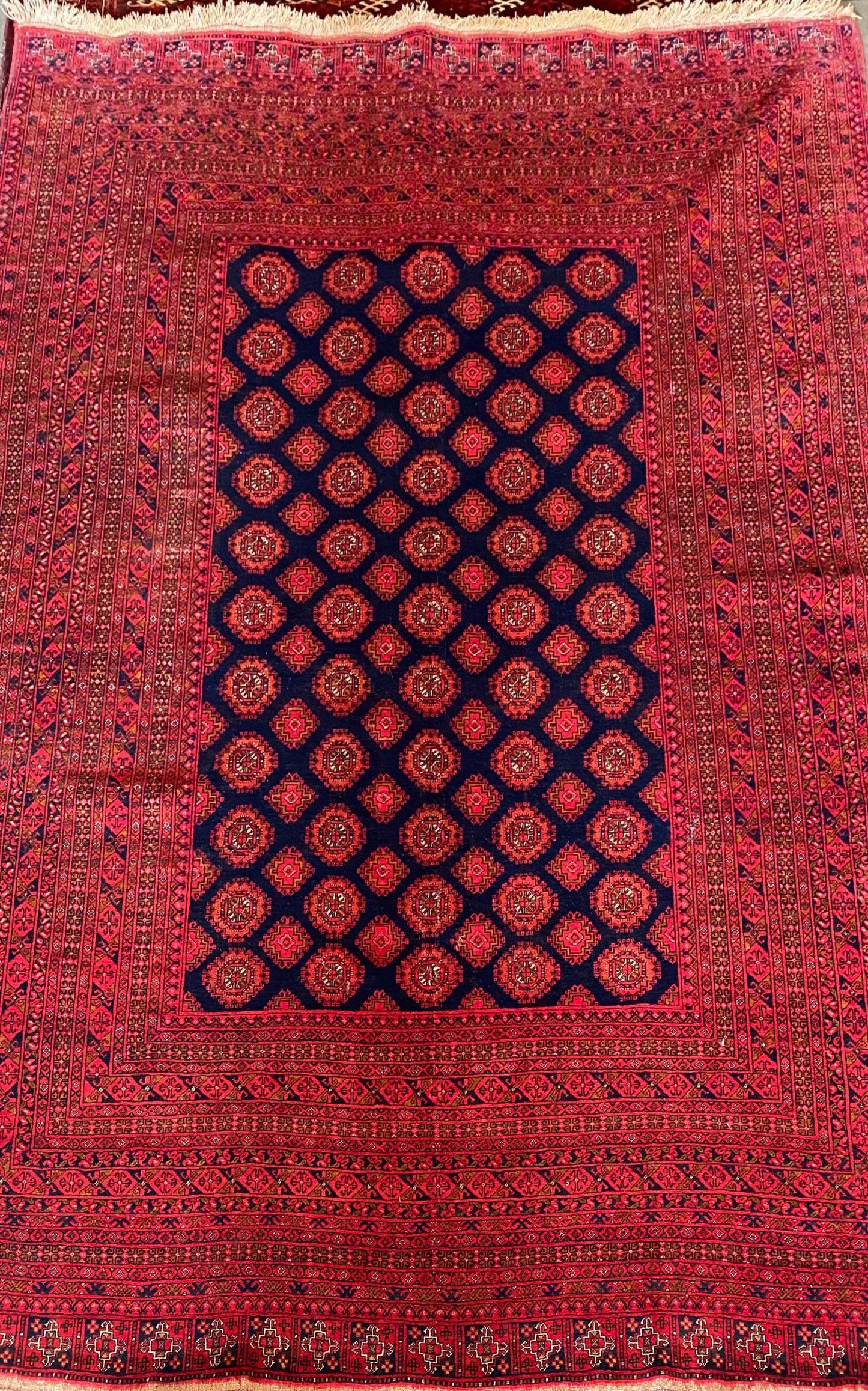 Vintage Hand-Knotted Beshir Rug – 7x10 ft | Tribal Red Turkmen Carpet (SN: 7680)