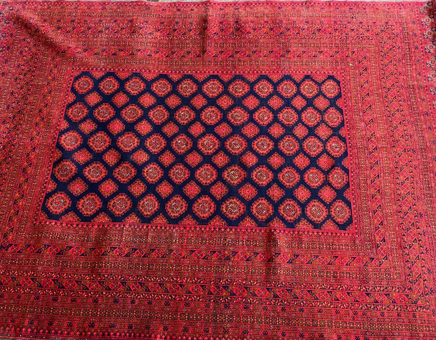 Vintage Hand-Knotted Beshir Rug – 7x10 ft | Tribal Red Turkmen Carpet (SN: 7680)