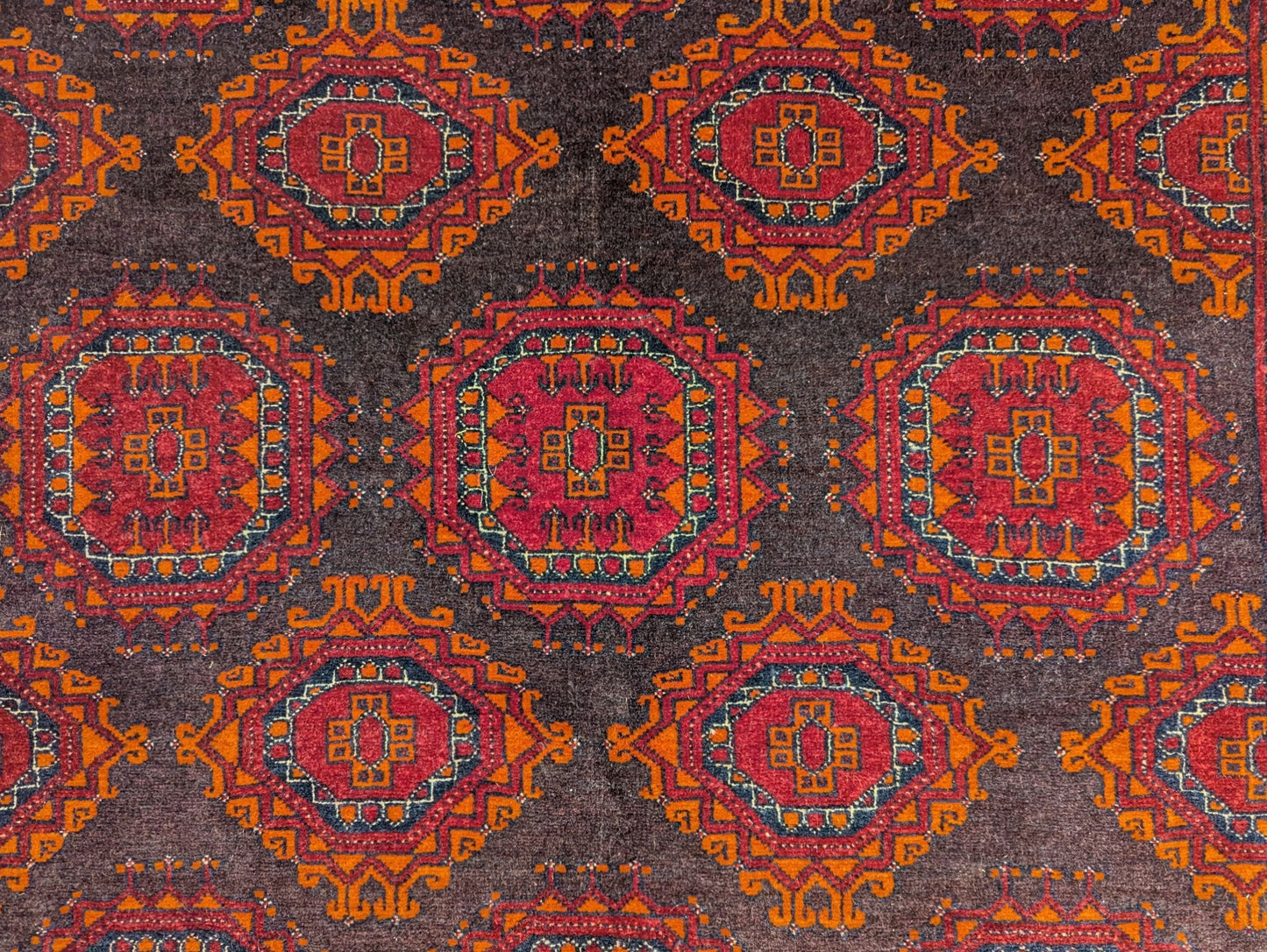 Vintage Bashir Turkmen Rug – 4x6 ft – Deep Red & Orange Tribal Motifs (Sn:3627)