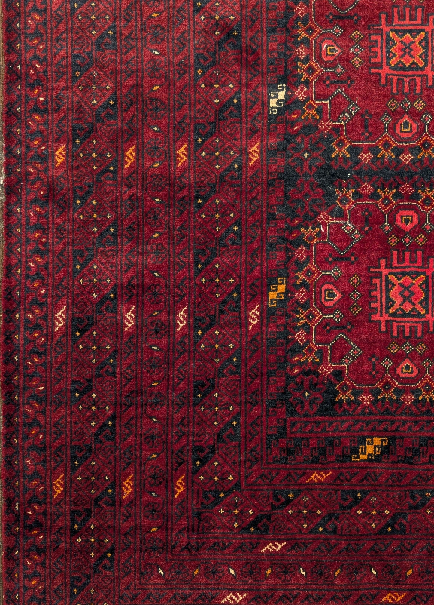 Vintage Turkmen Bokhara Rug – 7x10 ft – Deep Red Tribal Guls(sn:6044)