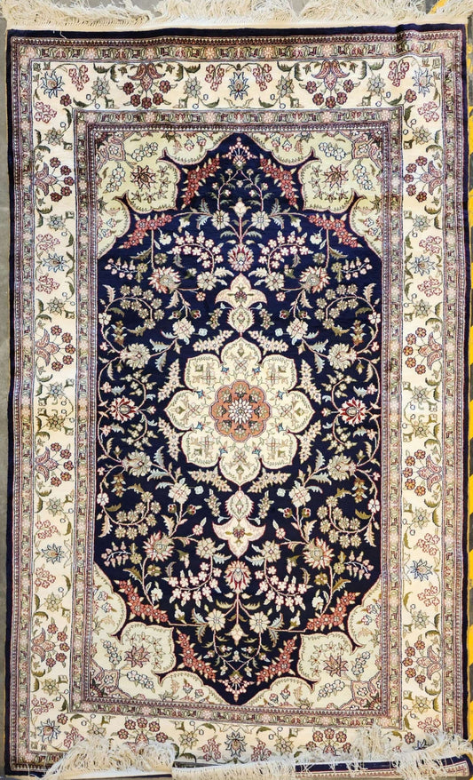 3x5 Ft Persian Qom Silk Rug – Ivory & Navy Medallion Floral Design(sn:8000)