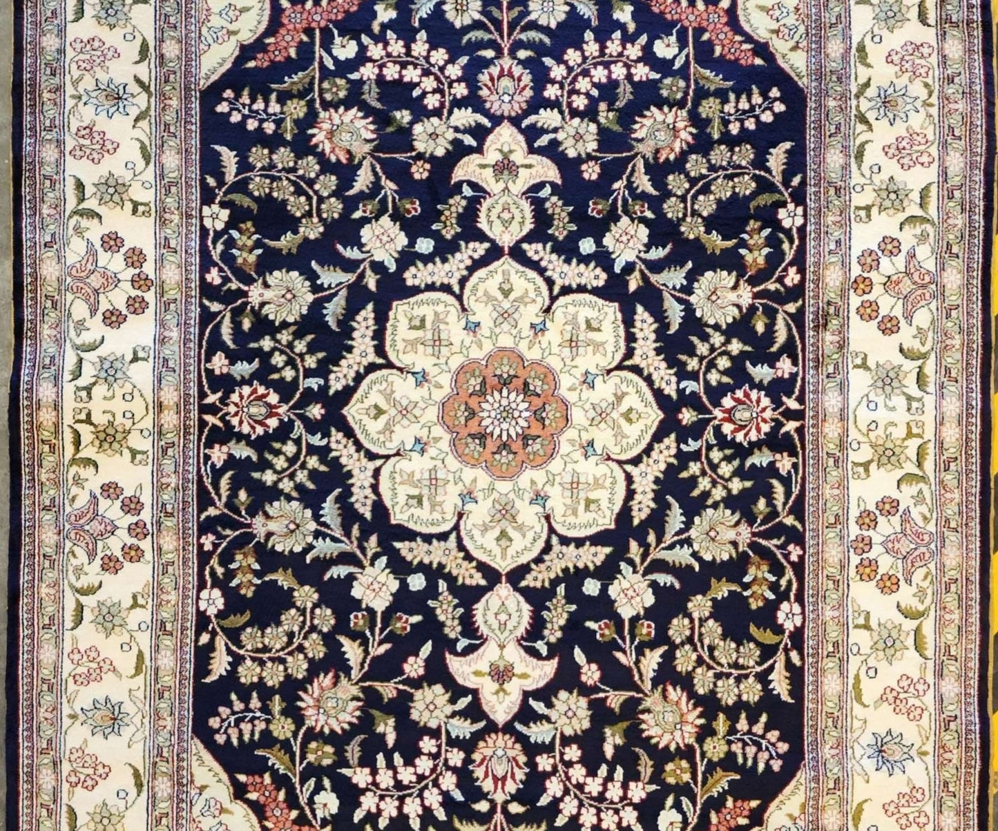 3x5 Ft Persian Qom Silk Rug – Ivory & Navy Medallion Floral Design(sn:8000)