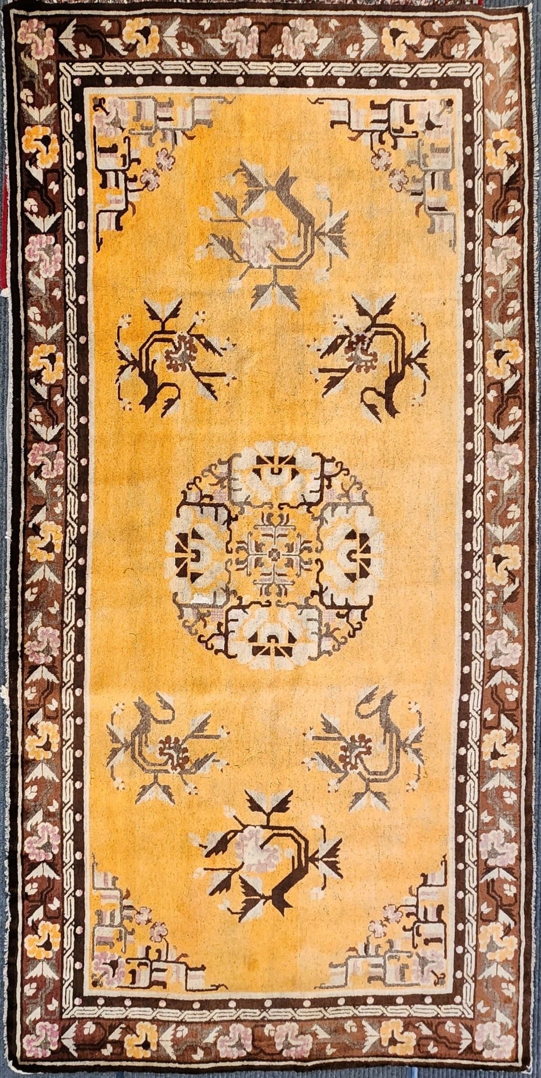 Vintage Beijing Chinese Rug – 5x10 Feet – Golden Yellow & Brown Floral Medallion(SN:MK01)