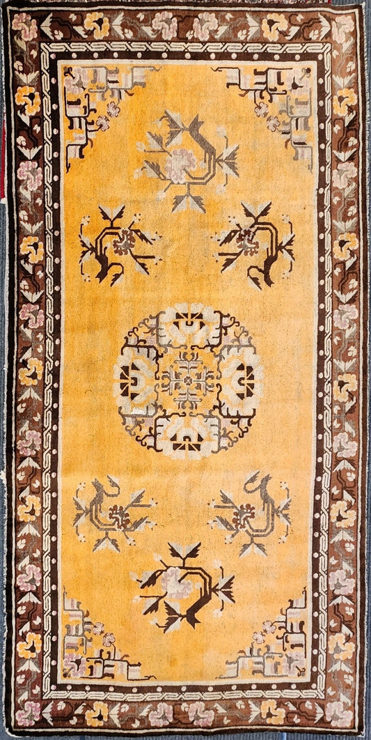 Vintage Beijing Chinese Rug – 5x10 Feet – Golden Yellow & Brown Floral Medallion(SN:MK01)