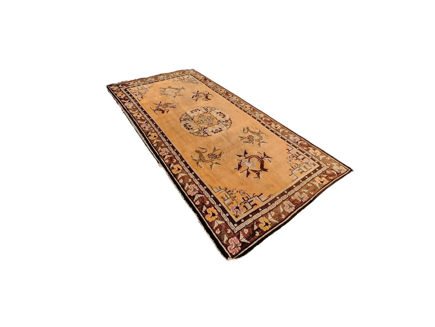Vintage Beijing Chinese Rug – 5x10 Feet – Golden Yellow & Brown Floral Medallion(SN:MK01)