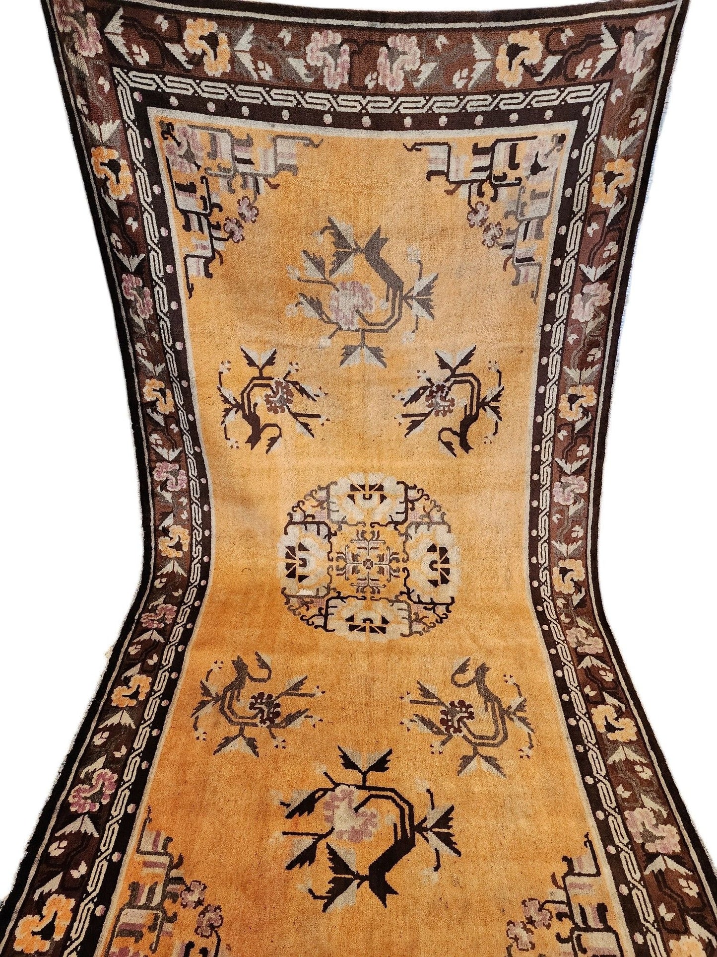 Vintage Beijing Chinese Rug – 5x10 Feet – Golden Yellow & Brown Floral Medallion(SN:MK01)