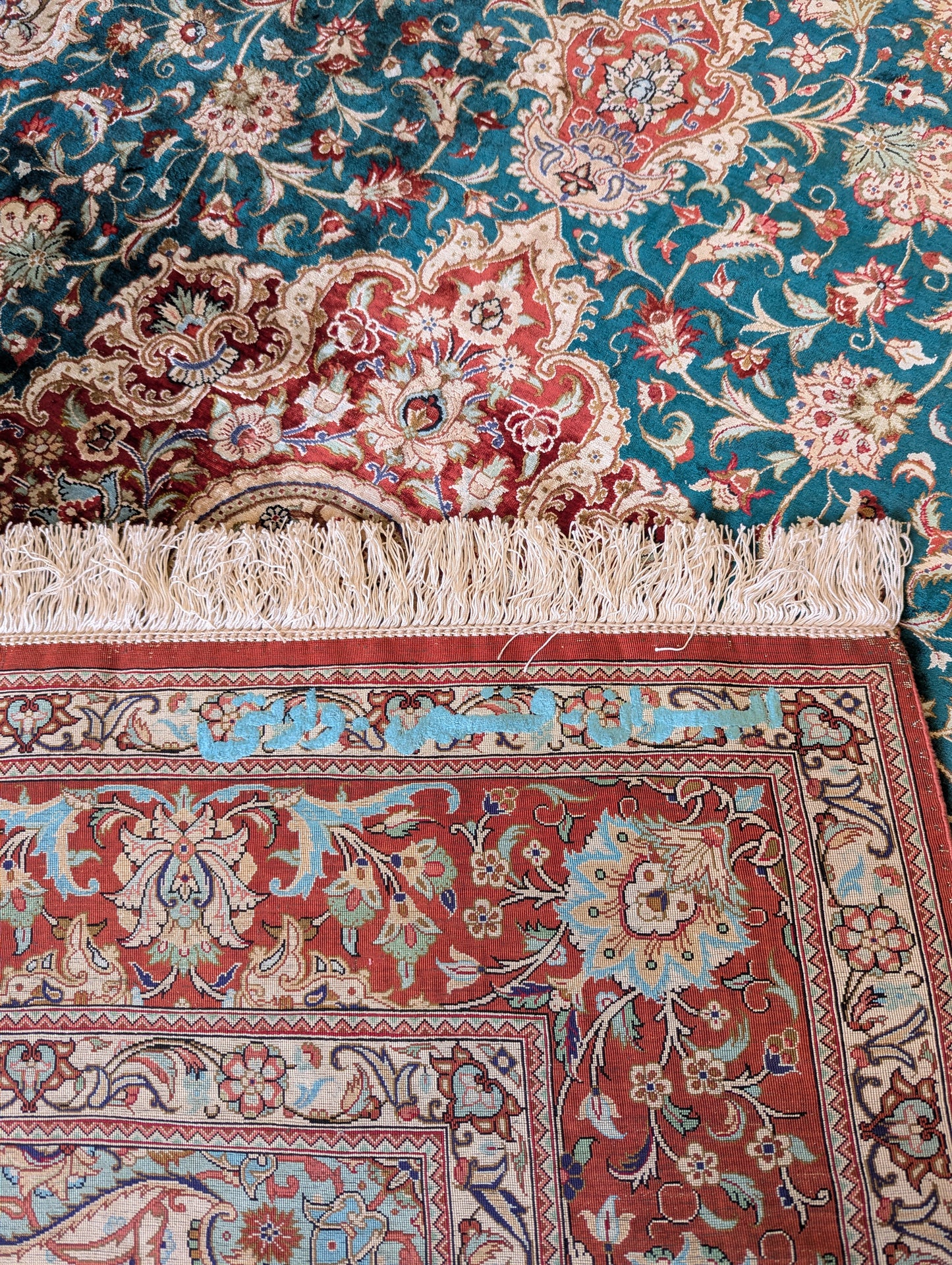 Vintage Green Qom Handmade Persian Rug – 4.5 x 7 Feet | Silk-Wool Blend(Sn:8296)