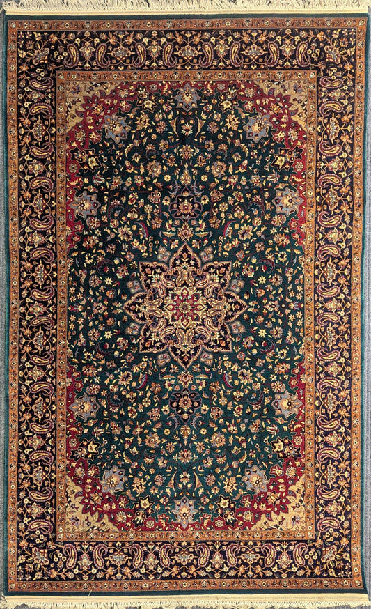 Emerald Green Tabriz-Style Handmade Wool Rug – 4.5x7 ft | Floral Paisley Border(Sn:2162)