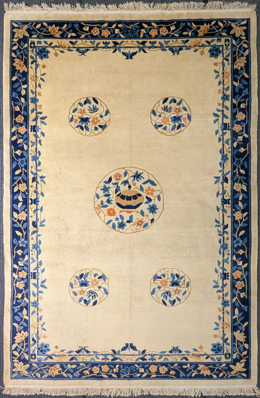 Antique Tibetan Rug – 6x9 Feet – Hand-Knotted Wool with Floral Medallions (c. 1930s–1950s)(SN:3845)