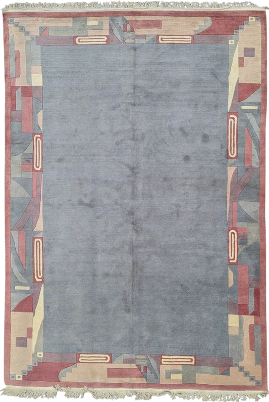 Modern Tibetan Wool Rug – Grey Base with Art Deco Border | 6x9 Feet (Sn:3582)