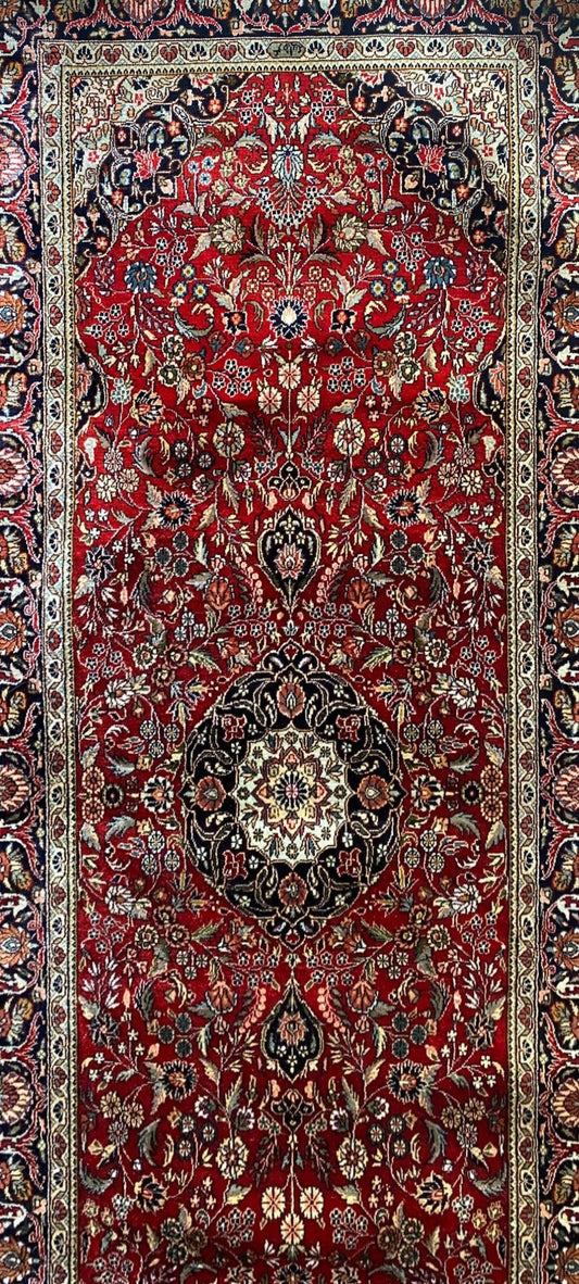 Persian Qom Runner – 2.5x10 Feet – Hand-Knotted Floral Design (Sn:7992)