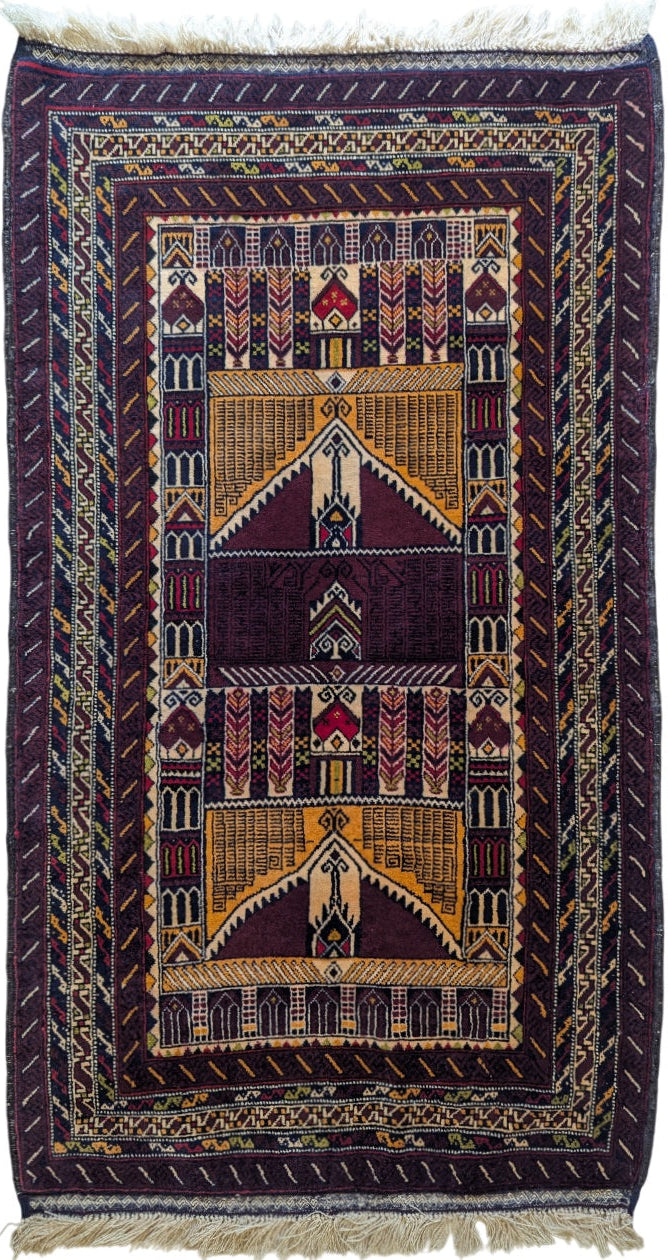Vintage Baluch Prayer Rug – 2.5x4 ft – Hand-Knotted Tribal Wool Carpet(Sn:7682)