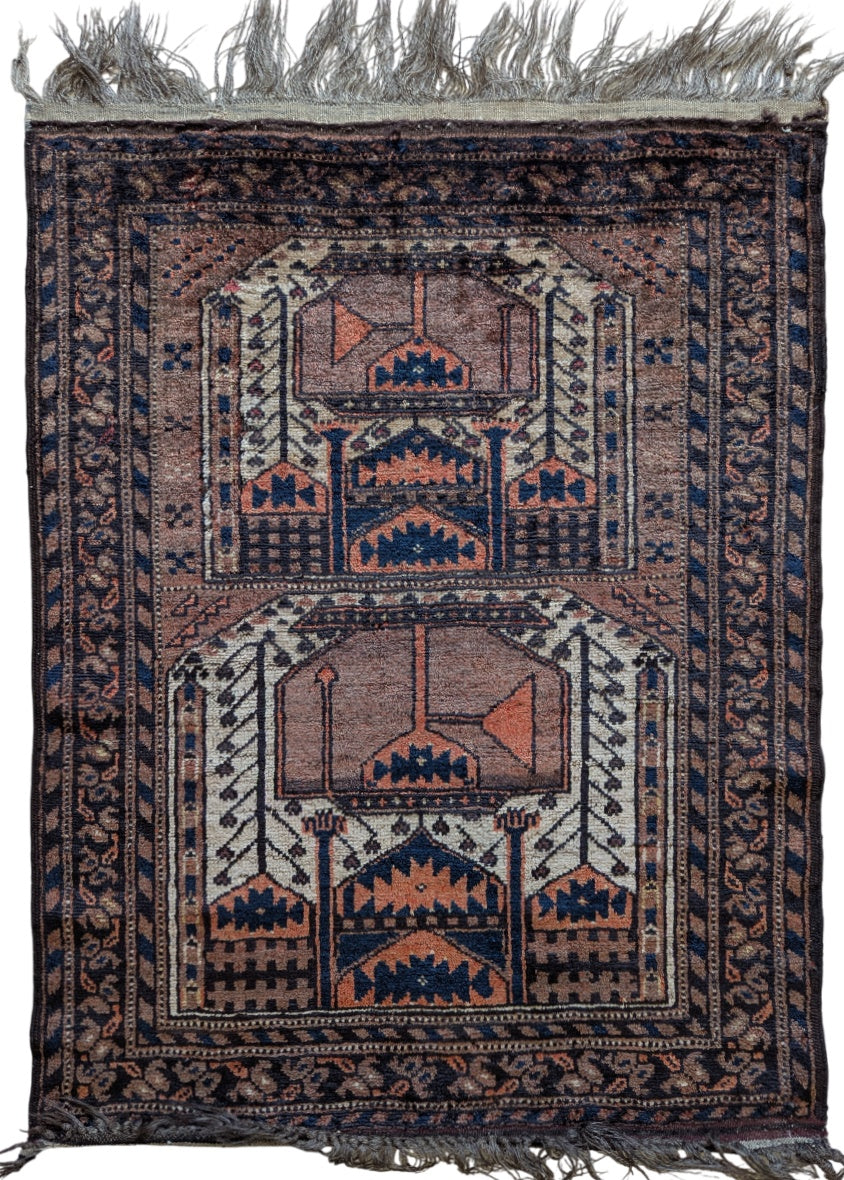 Vintage Baluch-Turkmen Prayer Rug – 2.5x3 Feet | Handwoven Wool(Sn:7362)