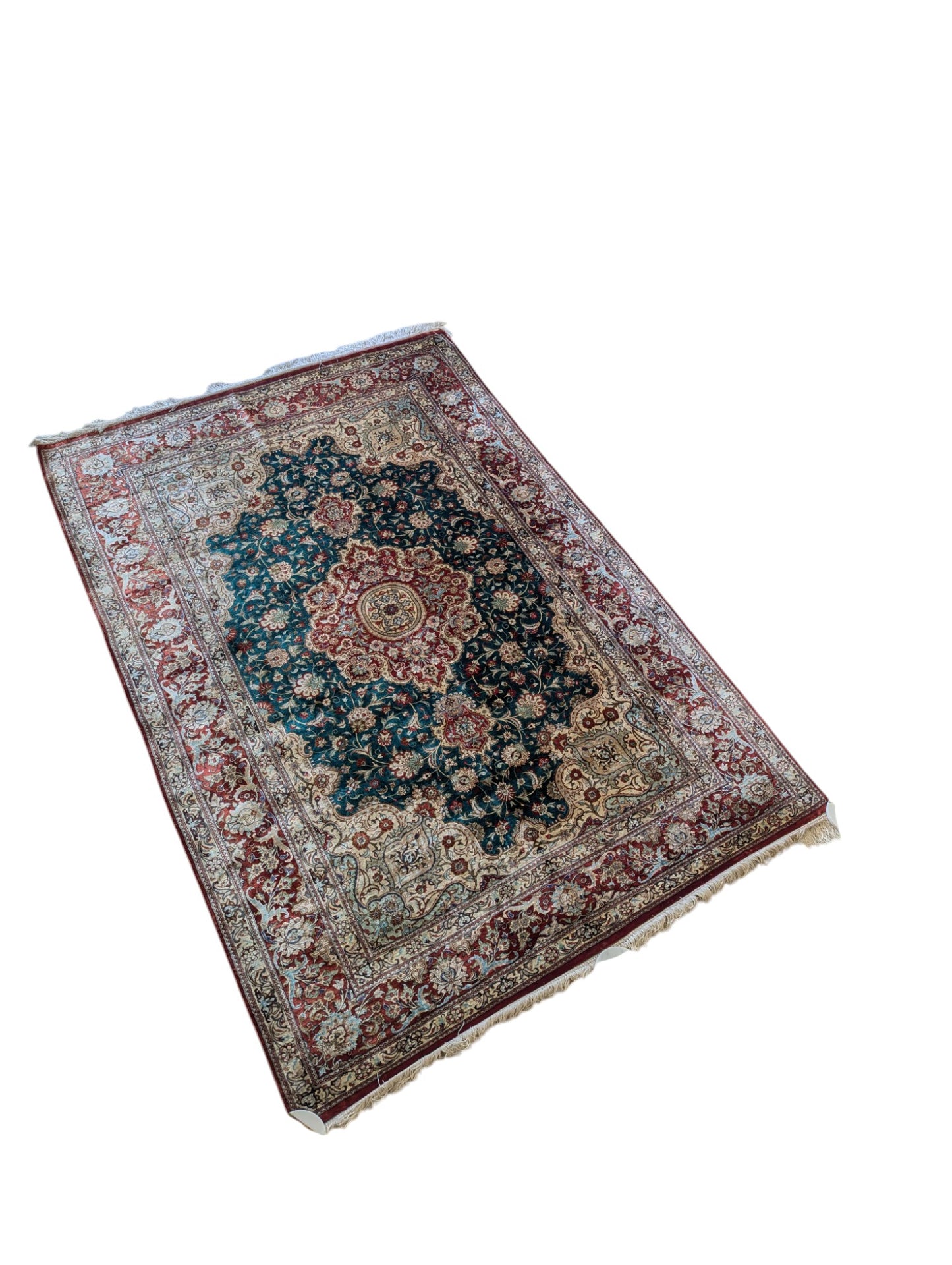 Vintage Green Qom Handmade Persian Rug – 4.5 x 7 Feet | Silk-Wool Blend(Sn:8296)