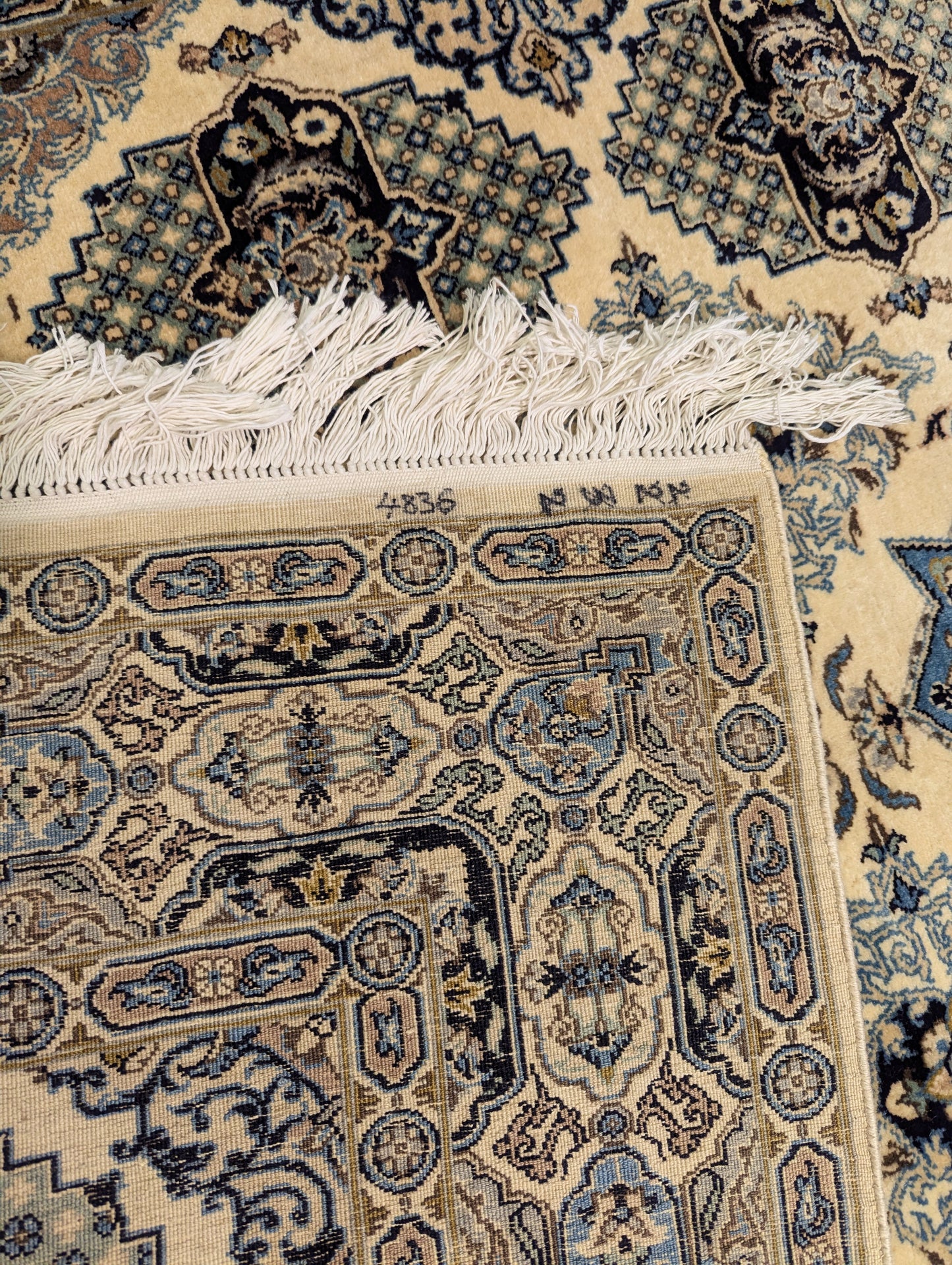 Ivory & Blue Nain-Style Handmade Wool Rug – 4.5x7 ft | Geometric Medallion Pattern(Sn:4836)