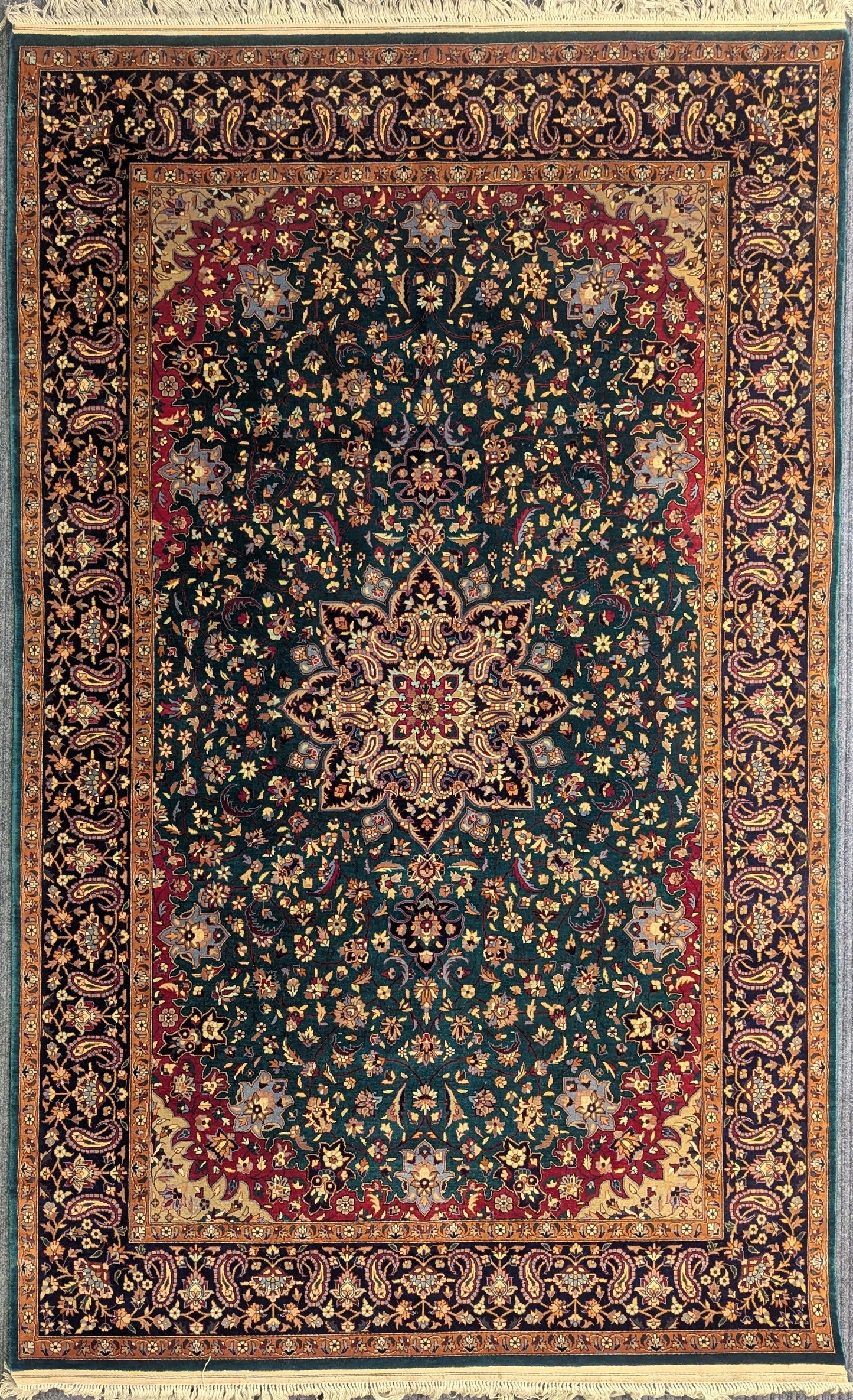 Emerald Green Tabriz-Style Handmade Wool Rug – 4.5x7 ft | Floral Paisley Border(Sn:2162)